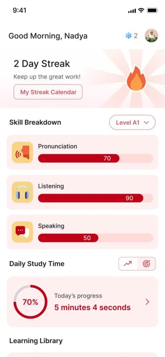 Layar beranda: streak harian, skill breakdown, dan waktu belajar harian